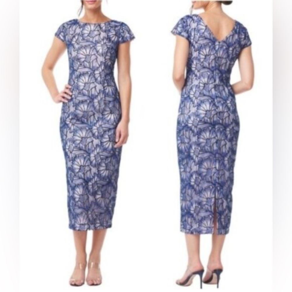 Lena Cap Sleeve Tea Length Dress Blue Lace Sequins w/Blush Pink Lining- Size 8